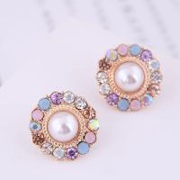 Zinc Alloy Rhinestone Stud Earring, with Plastic Pearl, stainless steel post pin, gold color plated, for woman & with rhinestone, golden, 18mm 