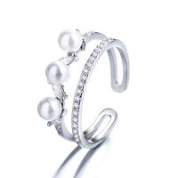 925 Sterling Silver Cuff Finger Ring, with Plastic Pearl, micro pave cubic zirconia & for woman, silver color, 10mm, US Ring 
