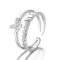 925 Sterling Silver Cuff Finger Ring, Double Layer & micro pave cubic zirconia & for woman, silver color, 6mm, US Ring 