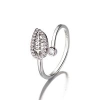925 Sterling Silver Cuff Finger Ring, Leaf, micro pave cubic zirconia & for woman, silver color 0c3mm, US Ring 