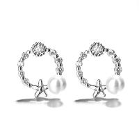 Sterling Silver Stud Earring, 925 Sterling Silver, with Plastic Pearl, micro pave cubic zirconia & for woman, silver color, 4mmuff0c10mm 