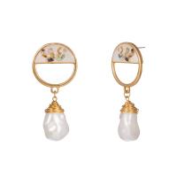 Enamel Zinc Alloy Drop Earring, with Freshwater Pearl, gold color plated, for woman 