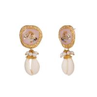 Enamel Zinc Alloy Drop Earring, with White Shell, gold color plated, for woman 