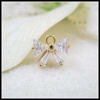 Cubic Zirconia Brass Pendants, with Cubic Zirconia, Bowknot, gold color plated, DIY, 10*8.5mm 