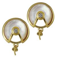 Brass Earring Drop Component, with Shell, gold color plated, micro pave cubic zirconia 21mm,0.85mm,0.75mm 