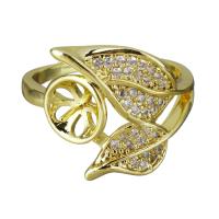 Brass Ring Mountings, Leaf, gold color plated, micro pave cubic zirconia, 15.5mm,5.5mm,0.8mm, US Ring 