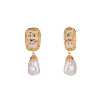 Enamel Zinc Alloy Drop Earring, with Freshwater Pearl, gold color plated, for woman 