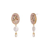 Plastic Pearl Zinc Alloy Earring, with ABS Plastic Pearl & Shell & Freshwater Pearl, gold color plated, for woman & enamel, light pink 