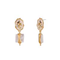 Plastic Pearl Zinc Alloy Earring, with ABS Plastic Pearl & Shell, Square, gold color plated, for woman & enamel, white 