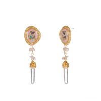 Plastic Pearl Zinc Alloy Earring, with Natural Stone & ABS Plastic Pearl & Shell, gold color plated, for woman & enamel, light pink 