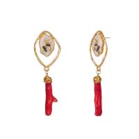 Zinc Alloy Drop Earring, with Synthetic Coral & Shell, gold color plated, for woman & enamel, red 