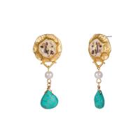 Plastic Pearl Zinc Alloy Earring, with ABS Plastic Pearl & Synthetic Turquoise & Shell, gold color plated, for woman & enamel, green 