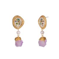 Zinc Alloy Drop Earring, with Natural Stone & ABS Plastic Pearl & Shell, gold color plated, for woman & enamel, purple 