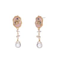 Zinc Alloy Drop Earring, with Natural Stone & ABS Plastic Pearl & Shell, gold color plated, for woman & enamel 