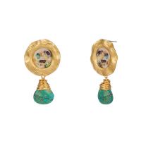 alliage de zinc Boucle d'oreille goutte, avec turquoise synthétique & coquille, Placage de couleur d'or, pour femme & émail, vert Vendu par paire