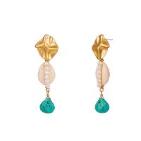 Plastic Pearl Zinc Alloy Earring, with ABS Plastic Pearl & Synthetic Turquoise & Shell, Shell, gold color plated, for woman, green 