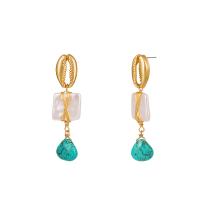 Plastic Pearl Zinc Alloy Earring, with ABS Plastic Pearl & Synthetic Turquoise, gold color plated, for woman, green 