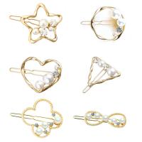 Hair Clip, Zinc Alloy, with Plastic Pearl, gold color plated & for woman & with rhinestone & hollow, 33mm 