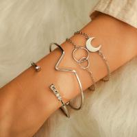Zinc Alloy Bracelet Set, cuff bangle & bracelet, plated, 4 pieces & for woman & with rhinestone, silver color 