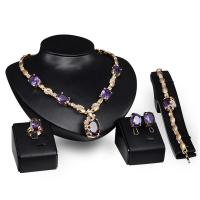 Rhinestone Zinc Alloy Jewelry Set, Ring Mandrel & bracelet & earring & necklace, gold color plated, 4 pieces & for woman & with rhinestone, purple Approx 19 Inch 