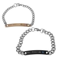 Stainless Steel Couple Bracelet, plated, Unisex & curb chain & with rhinestone 5mm 8mm Approx 7 Inch, Approx 8 Inch 