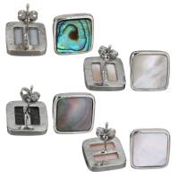 Brass Stud Earring, with Black Shell & Pink Shell & White Shell & Abalone Shell, silver color plated & for woman 