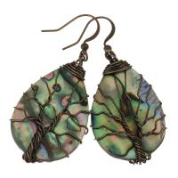 Brass Drop Earring, with Abalone Shell, antique copper color plated, for woman, 50mm 