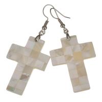 Brass Drop Earring, with White Shell, Cross, silver color plated, for woman, 58mm 