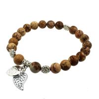 Gemstone Bracelets, with Zinc Alloy, Leaf, antique silver color plated & Unisex, 8mm Approx 7.1 Inch 