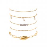 Zinc Alloy Anklet, with Seedbead & Plastic Pearl, zinc alloy lobster clasp, gold color plated, 5 pieces & for woman Approx 9 Inch 