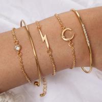Zinc Alloy Bracelet Set, cuff bangle & bracelet, gold color plated, 5 pieces & for woman & with rhinestone .5 Inch 