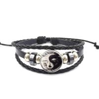 Zinc Alloy Bracelet, with leather cord & Glass, plated, time gem jewelry & Unisex, black .5 Inch 