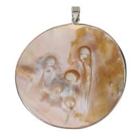 Brass Jewelry Pendants, with White Shell, Flat Round, silver color plated Approx 