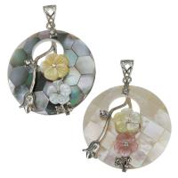 Rhinestone Brass Pendants, with Pink Shell & Yellow Shell & White Shell, silver color plated, with flower pattern & with rhinestone Approx 