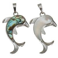 Animal Brass Pendants, with White Shell & Abalone Shell, Dolphin, silver color plated Approx 