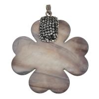Black Shell Pendant, with Rhinestone Clay Pave & Brass, Four Leaf Clover, silver color plated Approx 