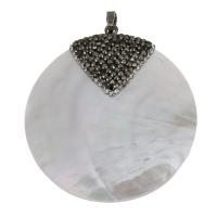 Cáscara blanca colgantes, Nácar Blanca, con Arcilla analiar de diamantes de imitación AB & metal, Redondo aplanado, chapado en color de plata, 50x54x9.5mm, agujero:aproximado 5x7mm, Vendido por UD