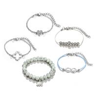 Zinc Alloy Bracelet Set, with Gemstone & Cotton Cord, plated, 5 pieces & for woman & with rhinestone, silver color 