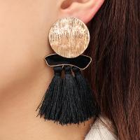 Zinc Alloy Tassel Earring, with Cotton Thread, stainless steel post pin, plated, for woman & enamel, black, 45*73mm 