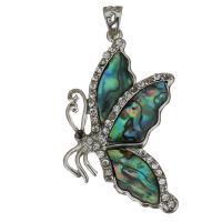 Animal Brass Pendants, with Abalone Shell, Butterfly, silver color plated, with rhinestone Approx 