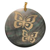 Brass Shell Pendants, with Black Shell, Flat Round, gold color plated, with butterfly pattern Approx 4mm 