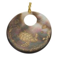 Brass Shell Pendants, with Black Shell, gold color plated, With Animal Pattern Approx 4mm 