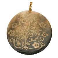 Black Shell Pendant, with Brass, Flat Round, gold color plated, with flower pattern Approx 4mm 
