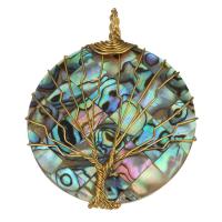 Brass Shell Pendants, with Abalone Shell, Flat Round, gold color plated Approx 