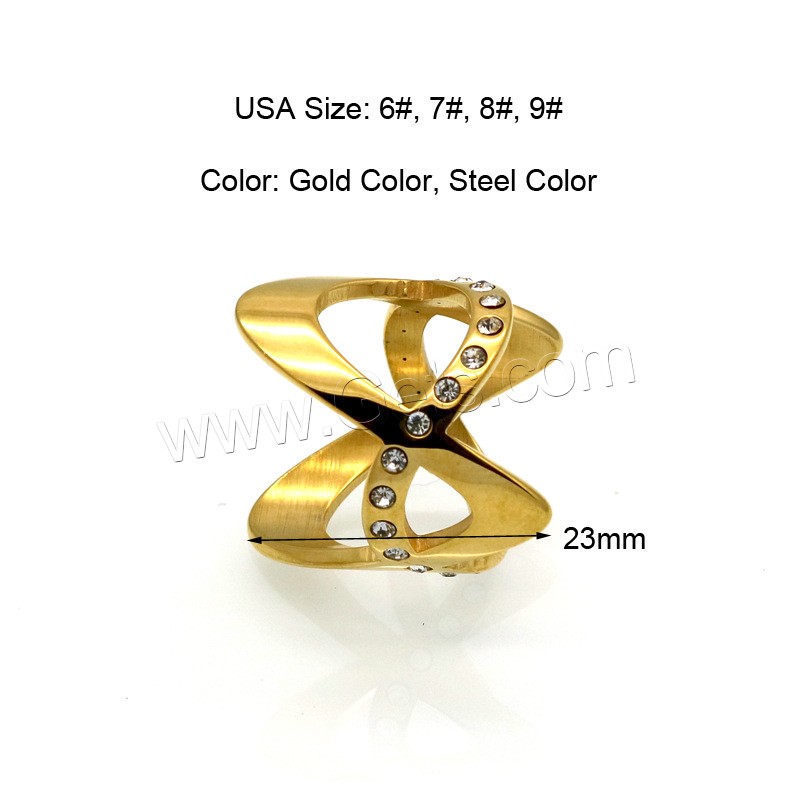 Rhinestone Stainless Steel Finger Ring, 316L Stainless Steel, plated, different size for choice & for woman & with rhinestone, more colors for choice, 23mm, US Ring Size:6-9, Sold By PC