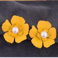 Zinc Alloy Stud Earring, with Plastic Pearl, stainless steel post pin, Flower, painted, for woman 38mm 