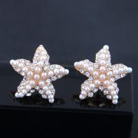 Zinc Alloy Rhinestone Stud Earring, with Plastic Pearl, stainless steel post pin, Starfish, plated, for woman & with rhinestone, white, 16mm 