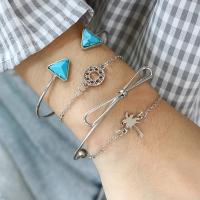 Zinc Alloy Bracelet Set, cuff bangle & bracelet, with turquoise, plated, 4 pieces & for woman, silver color 