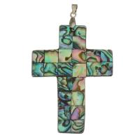 Brass Shell Pendants, with Abalone Shell, Cross, silver color plated Approx 4mm 