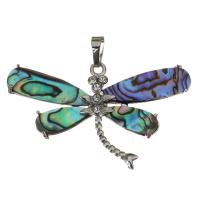 Brass Shell Pendants, with Abalone Shell, Dragonfly, silver color plated, with rhinestone Approx 